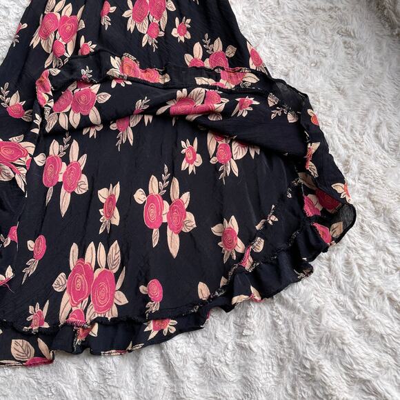 Vintage Y2K abstract rose floral print bias cut ruffle dress black pink Angie S - Picture 8 of 16